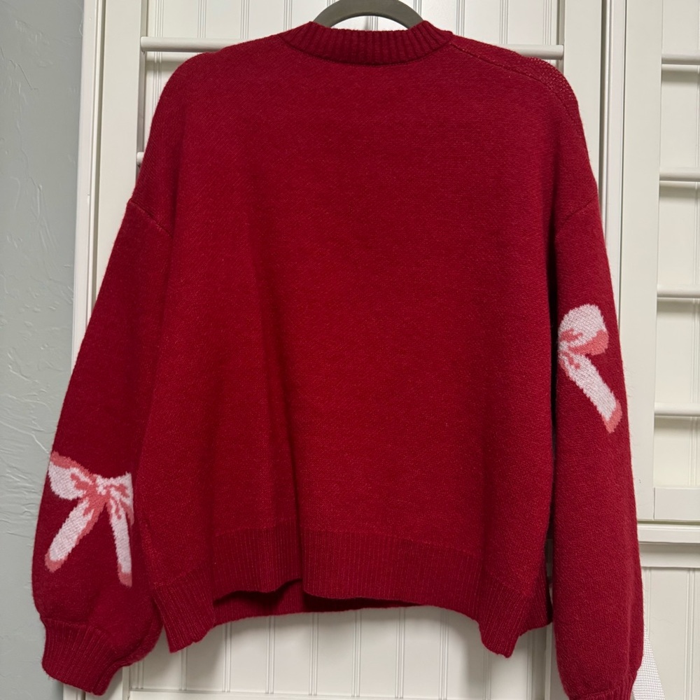 Chic Red Sweater with Pink Bow Accents - size S (oversized) NWOT - Picture 6 of 6